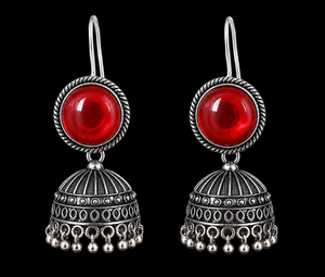 Wholesale Oxidized Silver <b>Red</b> Stone Jhumka <b>Earrings</b> Handmade Ethnic Boho Pearl Drop <b>Earrings</b> for Women Party Jewelry - Product Image 5