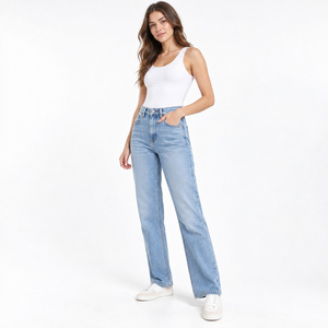 Jeans vintage à taille haute et jambe droite pour femmes - Pantalon en denim bleu clair classique pleine longueur - Product Image 3