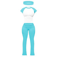 Setelan Wanita Dua Potong dengan Headband, Kaos Lengan Pendek Katun Spandex Musim Panas, Celana Flare, Outfit Kasual, Grosir, Dapat Dikustomisasi