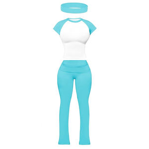 Conjuntos de Dos Piezas para Mujer con Diadema, Camiseta de Manga Corta de Algodón y Spandex, Pantalones Acampanados, Atuendo Casual de Verano, Venta al Por Mayor, Personalizable - Product Image 5