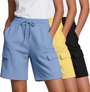 Women's Shorts Solid Color Cargo Shorts Mid Waist <b>Drawstring</b> Elastic Pockets Casual Knitted Breathable Regular Fit Summer Wear - Product Image 4