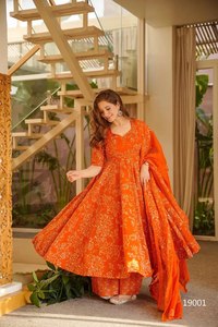 Women's Orange Printed Anarkali Suit With Dupatta Floor Length Traditional Party Wear India Pakistan Style Silk <b>Dress</b> - Product Image 5