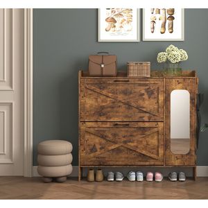 Rustic Freestanding Entryway Shoe <b>Storage</b> Cabinet with <b>2</b> Flip <b>Drawers</b> Narrow Metal Leg Organizer Rack - Product Image 1