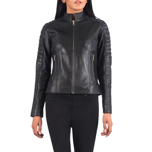 Chaqueta de Motociclista de Cuero Genuino Negro para Mujer, Cuello Alto, Cierre de Cremallera, Corta, Estilo Biker, Resistente al Viento - Product Image 5