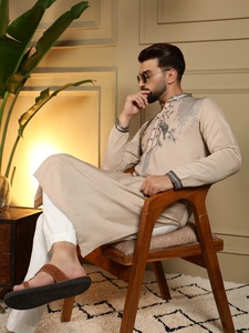 <b>Men</b> Beige Embroidered <b>Kurta</b> Pajama Set Regular Fit Traditional Wear Indian Pakistani Knee-Length Casual Wear - Product Image 5