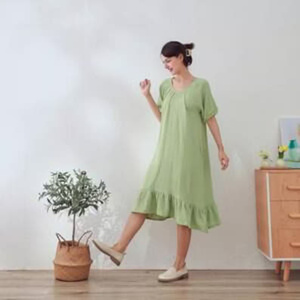 Robe midi vintage en lin biologique, taille haute, respirante, à manches courtes, légère et douce, en gaze, pour l'été, unie, personnalisable - Product Image 3