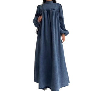 Abaya Azul Vaquera Personalizada 2024, Nueva, Simple, Informal, de Verano, para Mujeres Musulmanas, Ropa Islámica, 100% Algodón Orgánico, Cuello en V, Manga Larga, Holgada - Product Image 6