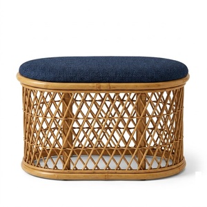 Pouf en rotin naturel avec coussin bleu marine, banc ovale en osier tressé à la main, tabouret en cannage pour salon - Product Image 1