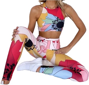 Floral Print Yoga Set High Waist <b>Leggings</b> <b>Crop</b> Top Racerback Spandex Polyester Four-Way Stretch Full Length Two Piece Set - Product Image 1