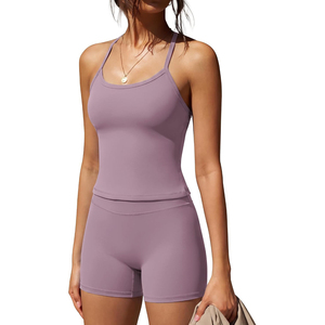 Ensemble de yoga 2026 de haute qualité grande taille avec débardeur à col rond et bretelles fines, short taille haute, couleur unie, deux pièces, tenue d'entraînement à séchage rapide - Product Image 5