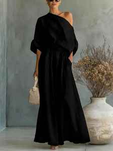 Womens Minimalist One Shoulder <b>Linen</b> CoOrd <b>Set</b> Relaxed Top & Harem Pants - Product Image 6