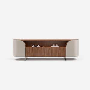 Buffet en teck avec panneaux latéraux incurvés élégants et design de rangement vertical à lattes modernes pour les espaces de vie contemporains - Product Image 1