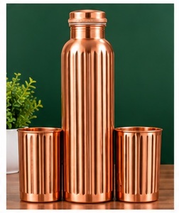 Handcrafted Copper <b>Water</b> <b>Bottle</b> with Lid and 2 Cups Flower Leaf Engraved Portable <b>Metal</b> Flask Set - Product Image 5