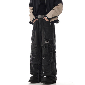 Jean Cargo Noir Homme Taille Haute Coupe Ample Effet Usé Denim Multi-poches Style Streetwear Automne - Product Image 5