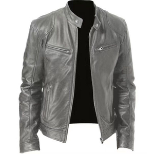 Blouson moto en cuir noir pour homme, col montant, fermeture éclair sur le devant, coupe ajustée, couleur unie, manches classiques, style motard, pour l'automne - Product Image 4
