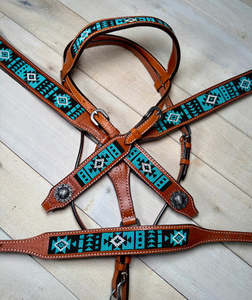 Têtière et collier de poitrail pour cheval en cuir bleu sarcelle perlé, style western, confortables pour le cavalier, durables, en cuir naturel souple. - Product Image 3
