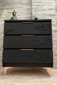 Luxury Handcrafted Solid Wood 3 Drawer Dresser Ornate Floral Branch Relief Carving Matte Black Finish - Product Image 6