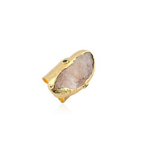 Hip hop jewelry natural uncut raw rose quartz with emerald <b>cz</b> adjustable <b>ring</b> brass 18k gold plated hammered texture band <b>rings</b> - Product Image 2