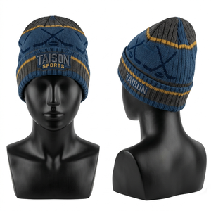 Bonnet de hockey sur glace en tricot acrylique premium 300 GSM, bleu, gris, jaune, à rayures jacquard, avec patch brodé et logo personnalisé - Product Image 6