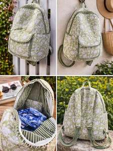 Quilted Floral Print Cotton Student Tote & Messenger Bag <b>Backpack</b> Zip Closure White Black Sustainable Unisex Versatile Stylish - Product Image 6