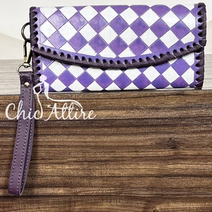 Nouvelle pochette personnalisée écologique à carreaux violets et blancs pour femmes, porte-cartes de luxe de haute qualité en cuir de vache véritable - Product Image 1
