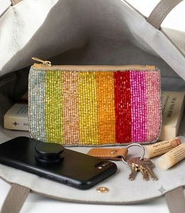 Handmade Beaded Coin Purse Rainbow Stripe Zipper Closure Bohemian Style Unisex <b>Mini</b> Size - Product Image 4