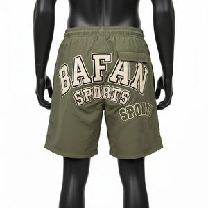 Short de bain pour homme en polyester Taslon vert olive de qualité supérieure 150 GSM à séchage rapide avec logo brodé en chenille personnalisé - Product Image 2