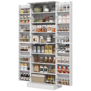 Moderno Armadio Dispensa da Cucina da 65 Pollici con 4 Ante e 16 Ripiani in Acciaio Inossidabile e Metallo Bianco per Sala da Pranzo - Product Image 1
