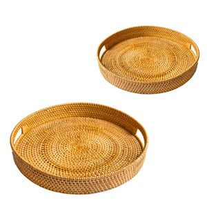 Round Wicker Rattan <b>Basket</b> & Serving <b>Tray</b> Handmade Eco-Friendly Space Saving for Kitchen & Home Use - Product Image 1