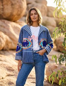 Veste matelassée en velours de haute qualité faite à la main pour femmes, bleu indigo, style bohème, manteau d'hiver, col rayé, broderie, cardigan ouvert sur le devant - Product Image 5