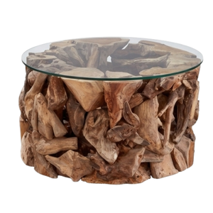 Table basse rustique en bois de teck rond, faite à la main, de style moderne, avec plateau en verre, ARTERRA, pour salon - Product Image 1