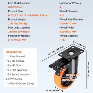 Set di 4 Ruote Girevoli da 4 Pollici, Capacità di Carico 350 Libbre, Acciaio di Sicurezza A/B con Blocco, PVC 125mm Silenziose, 100kg, Usate - Product Image 5
