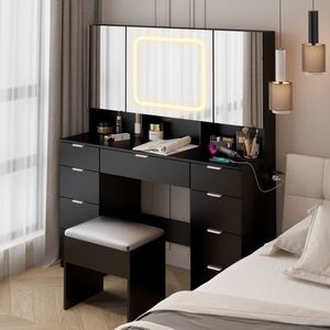 Grande Set da tavolo a 3 luci a LED con cassetti portaoggetti sgabello completo trucco nero vanità ammortizzato mensole per camera da letto - Product Image 3