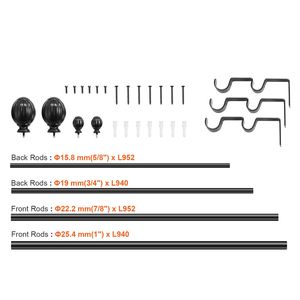 Barras de Cortina Dobles Ajustables Negras de 36-72 Pulgadas con Adornos, 1 3/4 Pulgadas de Diámetro, Rieles y Accesorios Elegantes - Product Image 6