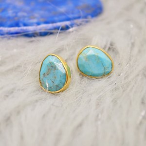 Boucles d'oreilles clous personnalisées en argent sterling 925 avec turquoise bleue naturelle, bijoux fins vintage pour mariage et fiançailles - Product Image 5