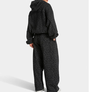 Black & Grey Leopard Print Contrast Pipping Women's <b>Tracksuit</b> Oversized Pullover Contrast Lining Hoodie & Jogger For Women's - Product Image 2
