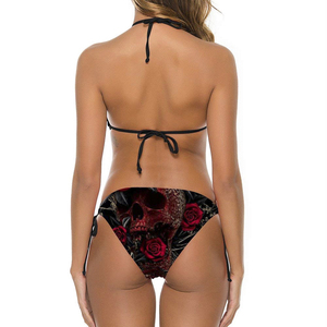 Women <b>Black</b> Red Rose Skull Print Halter <b>Bikini</b> Set 2 Piece Tie Side <b>String</b> Bottoms Stretch Swimwear High Cut Underwire - Product Image 2