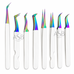 Pince à épiler pour extensions de cils en acier inoxydable japonais blanc avec arc-en-ciel, testée à la main, anti-magnétique, logo personnalisé - Product Image 1