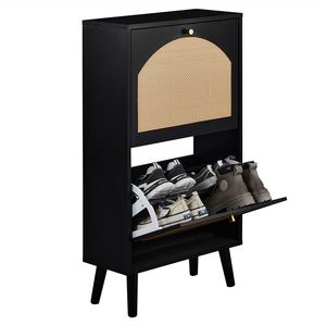Scarpiera Nera con Superficie in Rattan, 2 Contenitori Ribaltabili, Design ad Arco con Gambe Alte, 54x24x98cm, Struttura in Truciolato, Rattan Sintetico - Product Image 5