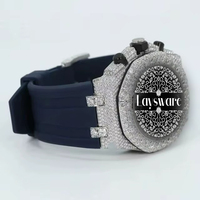 Montre de luxe mécanique avec breloque en moissanite, style hip-hop, bracelet en caoutchouc bleu, cadran argenté entièrement serti de pierres, déclaration de mode personnalisée