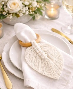 Anillo para Servilletas de Macramé Blanco con Diseño de Hoja, Decoración Boho para Mesa de Boda, Porta Servilletas Rústico, Anillo para Servilletas de Algodón Hecho a Mano, Decoración para Mesa de Despedida de Soltera - Product Image 1