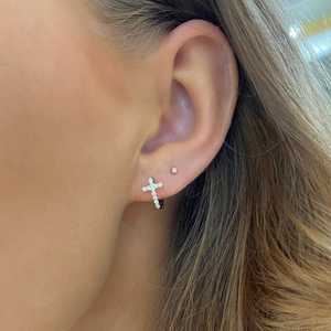 Cross Dangle Diamond Huggie <b>Hoop</b> <b>Earrings</b> Lab Grown Wholesale14k 18k Gold Dainty Hinged Small Cristian Region Gift Manufacture - Product Image 2