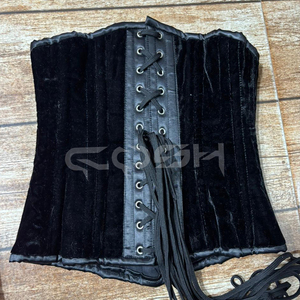 <b>Underbust</b> Steelboned Black Velvet Corset With Black Satin Trim With Busk Closure - Product Image 3