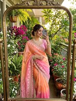 Sari en satin brodé Satin Grace, Sari Royal Satin Bloom, Sari élégant à bordure Aarco, Sari brodé au fil de perle