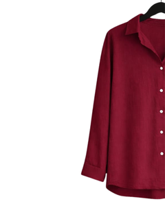 Ensemble deux pièces en lin rouge pour femme, chemise à manches longues boutonnée et pantalon large à taille élastique, tenue décontractée pour la détente - Product Image 3