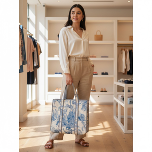 Bolso Tote Acolchado de Algodón, Bolso Tote Acolchado Indio para Mujer, Venta al por Mayor, Estampado a Mano, Azul, Selva, Safari - Product Image 2