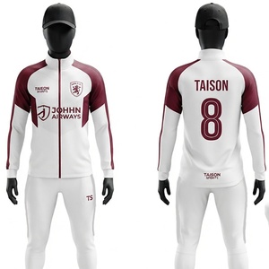 Ensemble d'entraînement de football unisexe en tissu polyester interlock premium 300g, blanc et bordeaux, avec empiècements raglan, logo personnalisé, coupe-vent - Product Image 1