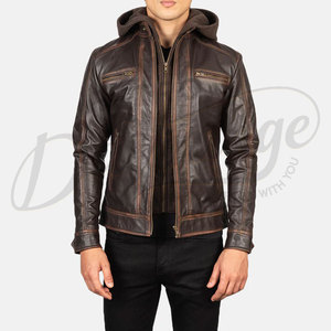 Chaqueta de Cuero Genuino Marrón Retro para Hombre con Capucha Desmontable, Chaqueta de Motero Vintage Desgastada, Corte Ajustado, Abrigo Casual de Invierno - Product Image 1
