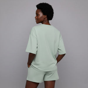 High Quality Vintage Embroidered Oversized Drop Shoulder Women's 2 Piece <b>Set</b> 100% Cotton Solid Knee Streetwear Short <b>sets</b> - Product Image 2