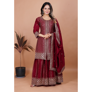 Ensemble haut, palazzo et dupatta en soie Chinon brodée de sequins, tenue ethnique de fête pour femmes, ensemble trois pièces. - Product Image 1